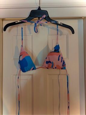 Triangle Psychedelic Camo String Bikini Set in Pink & Blue Abstract Print Size M